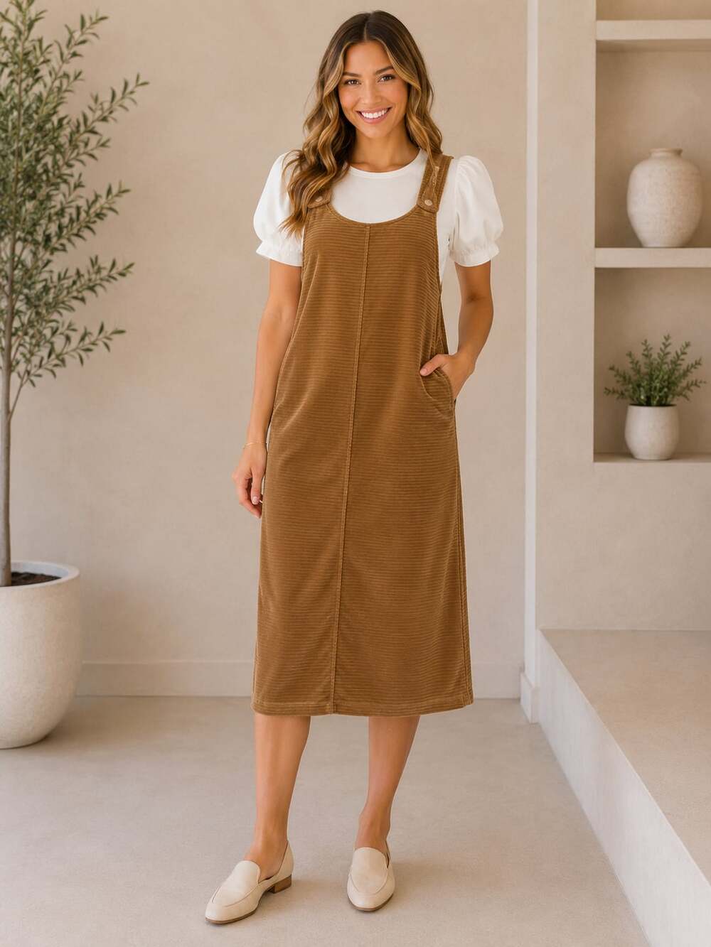 Roolee Brown Corduroy Sleeveless Mini Jumper Dress Button Strap XS Layering